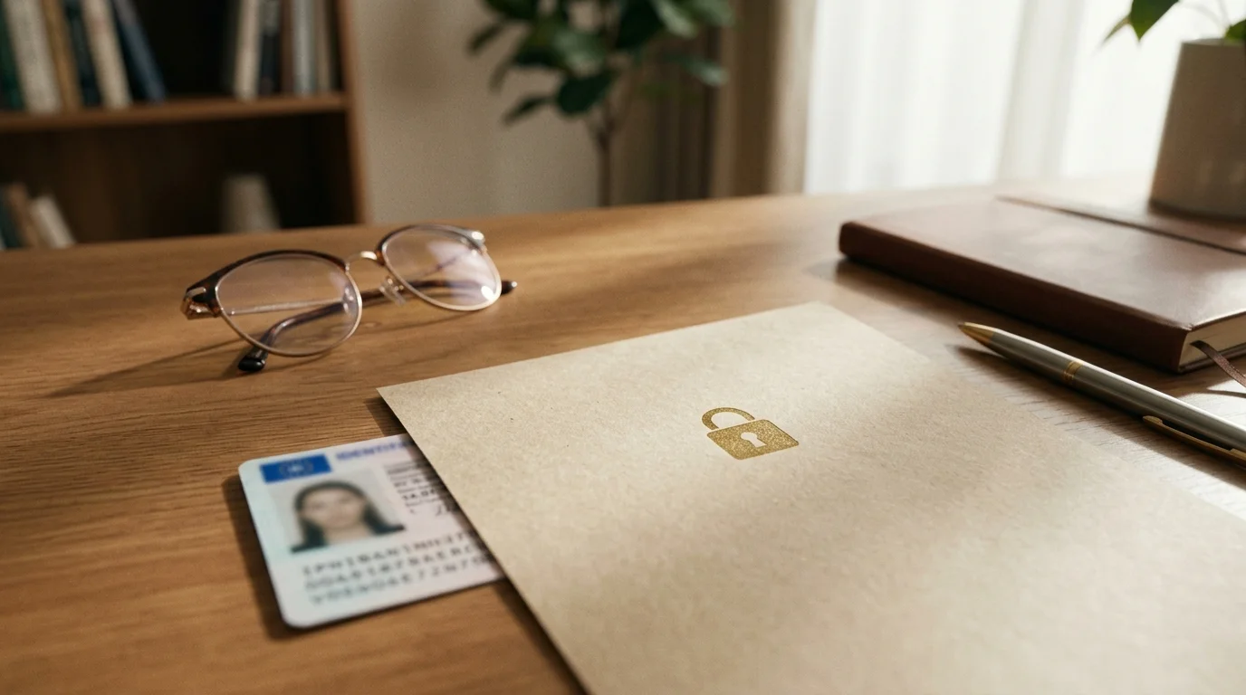 Documento oscurato, lucchetto e scheda privacy su un tavolo neutro