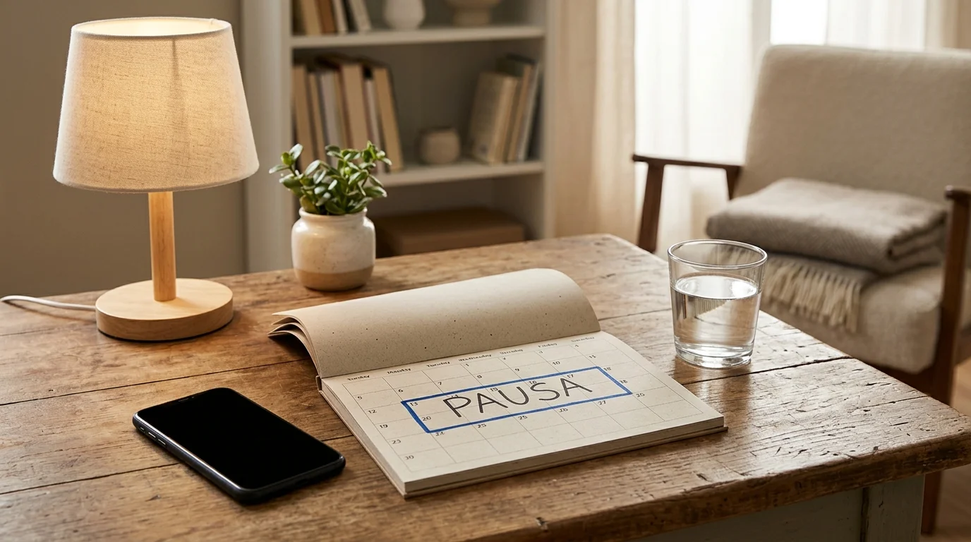 Telefono spento accanto a un calendario e a una nota con la parola pausa