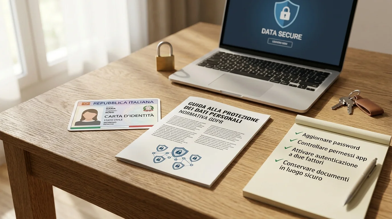 Documento di identità, lucchetto e scheda privacy su una scrivania ordinata